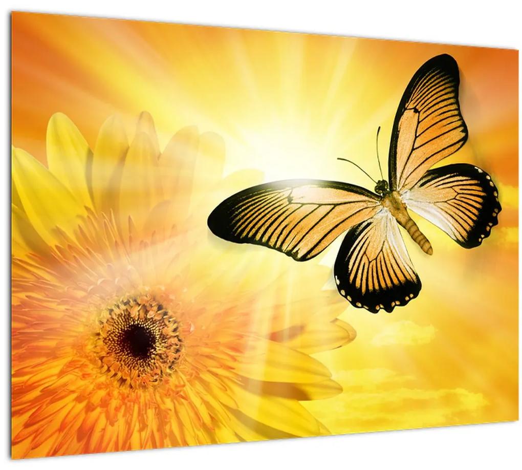Sklenený obraz - Žltý motýľ s kvetom (70x50 cm)