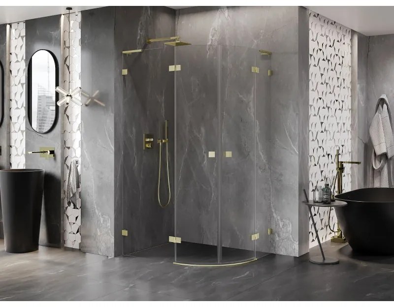 Mexen Lunar, L polkruhový výklopný sprchový kút 90 x 80 cm, 8mm číre sklo, zlatý matný profil, 833L-090L-080P-55-00