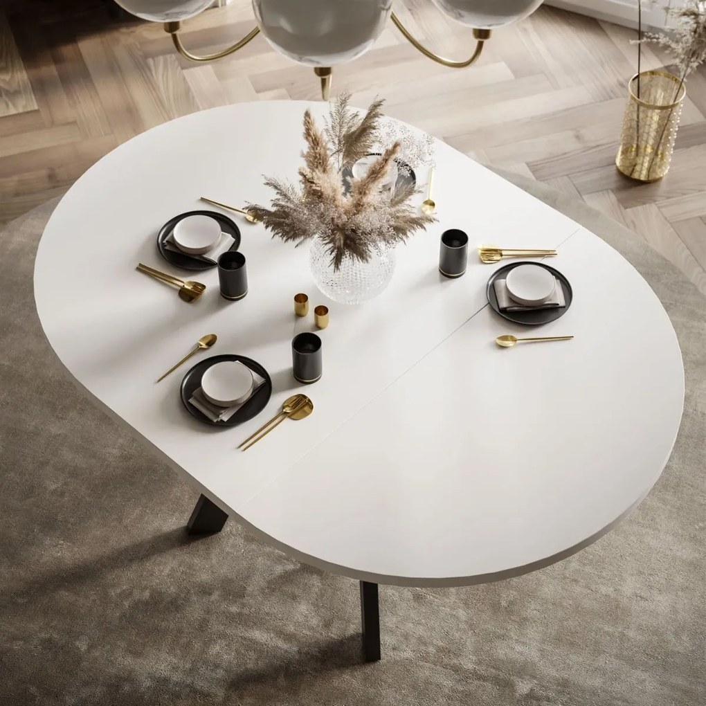 OKRÚHLY ROZKLADACÍ JEDÁLENSKÝ STÔL EWALD BIELY MATNÝ + ČIERNE NOHY 100/140 cm