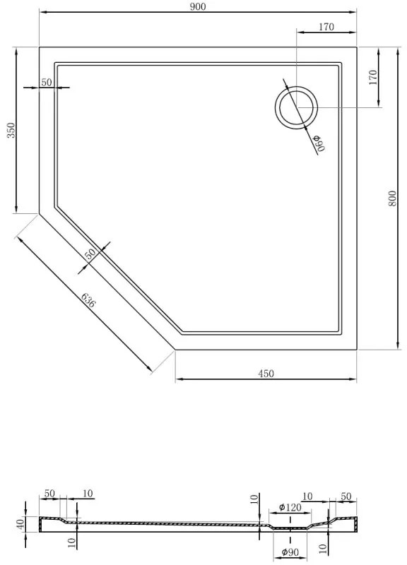 Mexen Flow, päťuholníková sprchová vanička slim 90 x 80 cm, pravá, čierna matná - 46P708090R