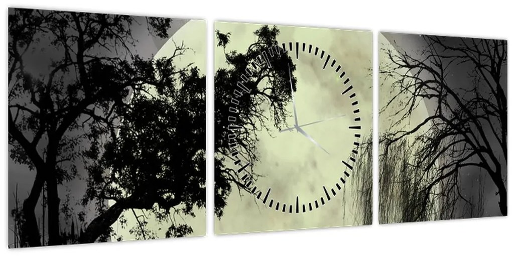 Obraz - Spln nad hladinou, čiernobiely variant (s hodinami) (90x30 cm)
