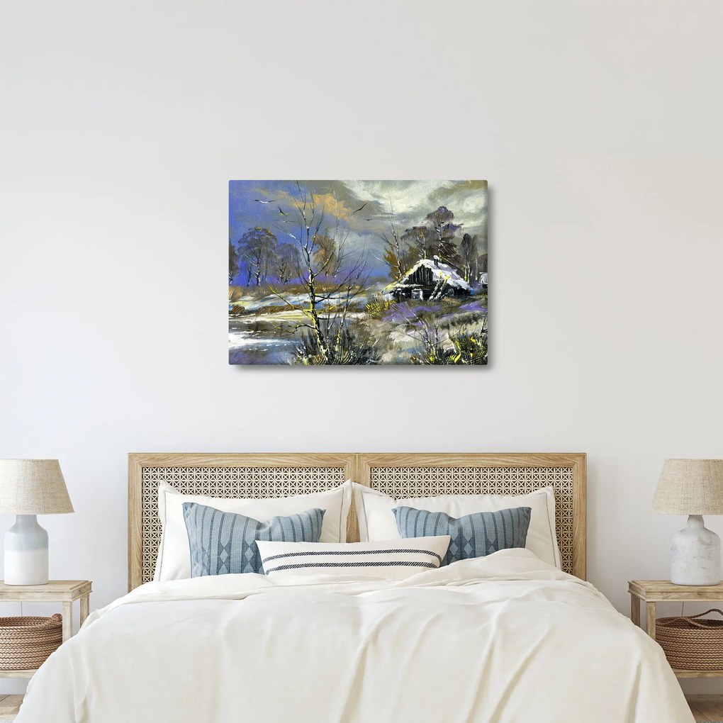 Obraz chalúpky v zimnej krajine, olejomaľba (70x50 cm)