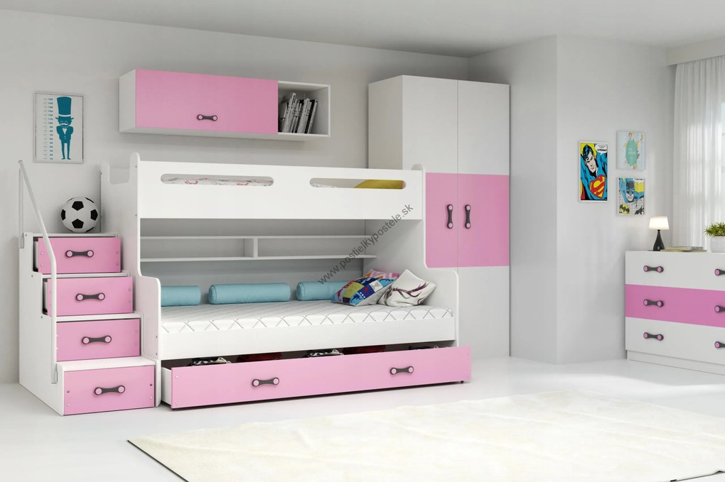 MAX 3 - Poschodová posteľ rozšírená - 200x120cm - Biely - Ružový
