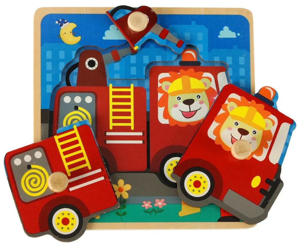 KIK Detské drevené puzzle Hasičské auto s úchytmi – bezpečné, vzdelávacie, pre najmenších