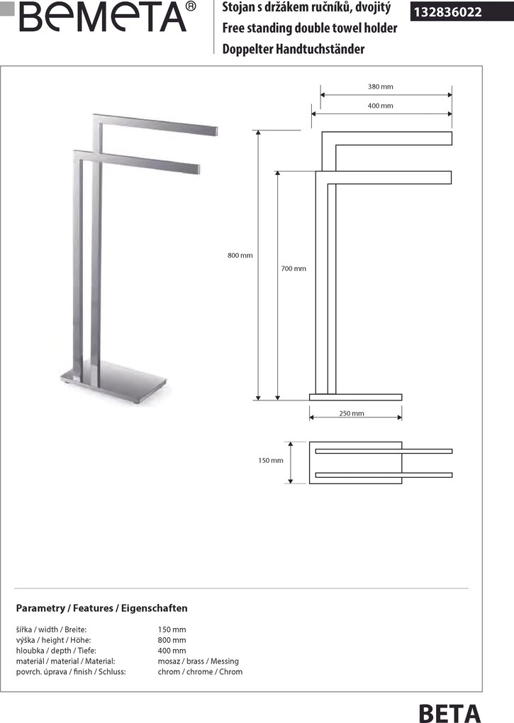 Bemeta Design BETA: Stojan, s držiakom uterákov, dvojitý - 132836022
