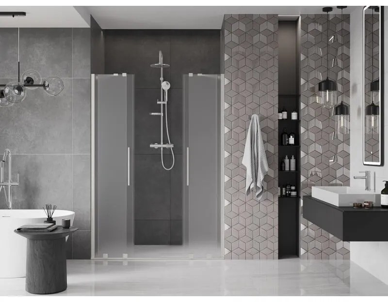Mexen Velar Duo, posuvné sprchové dvere do otvoru 160 cm, 8mm sklo námraza, brúsená oceľ, 871-160-000-32-97