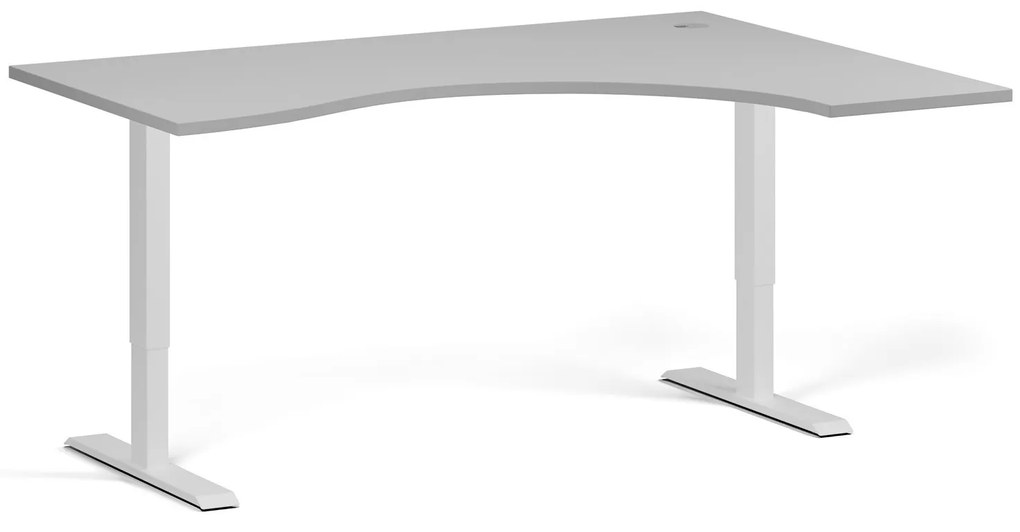 Ergonomický výškovo nastaviteľný stôl, 160x120 cm, 1 motor, L/P, biela podnož, sivá