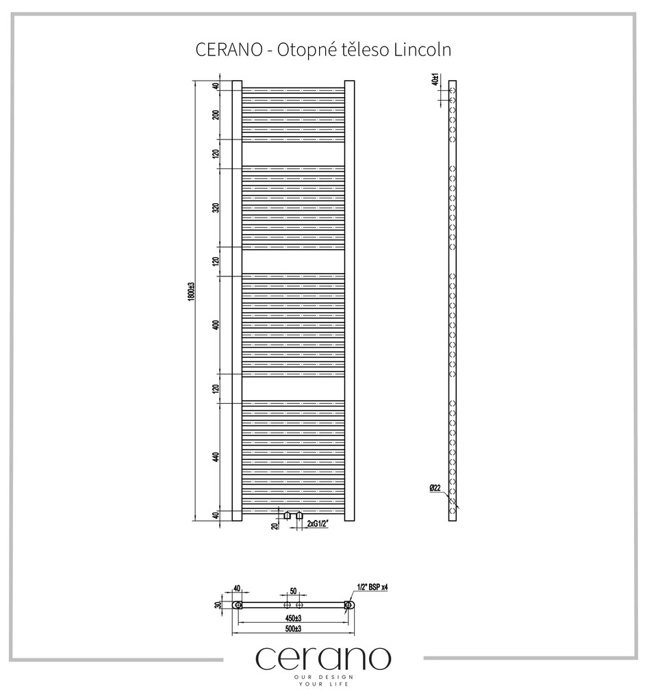 Cerano Lincoln, vykurovacie teleso 1800x500mm, 559W, rozteč pripojenia D5/450 mm, biela matná, CER-CER-429586