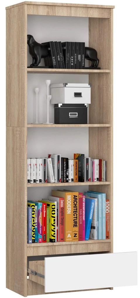 Kancelársky regál Rexa 60 cm 1 zásuvka a 4 police dub sonoma/biely