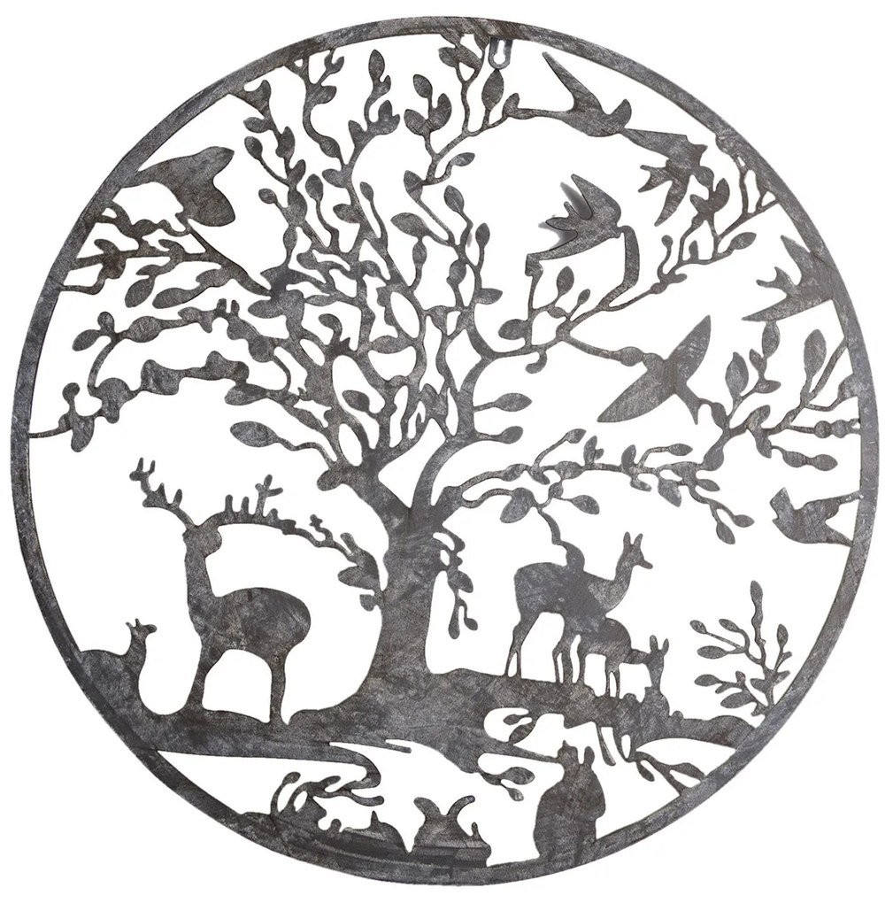 Nástenná kovová dekorácia stromu v kruhu so zvieratkami - Ø 60 * 2 cm