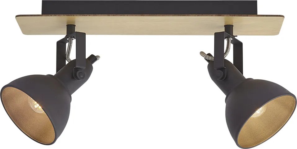 Stropný reflektor čierny s drevom 2-svetelný otočný a sklopný - Jakub