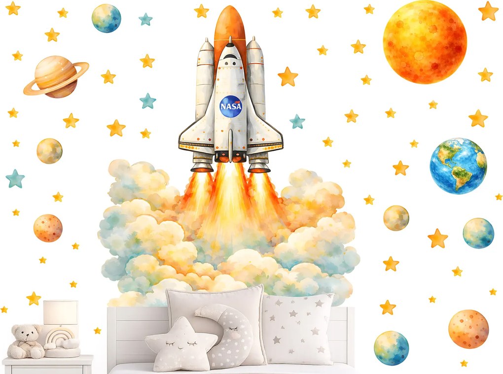 Kozmická raketa NASA textilná preliepateľná nálepka na stenu arch 38 x 46 cm