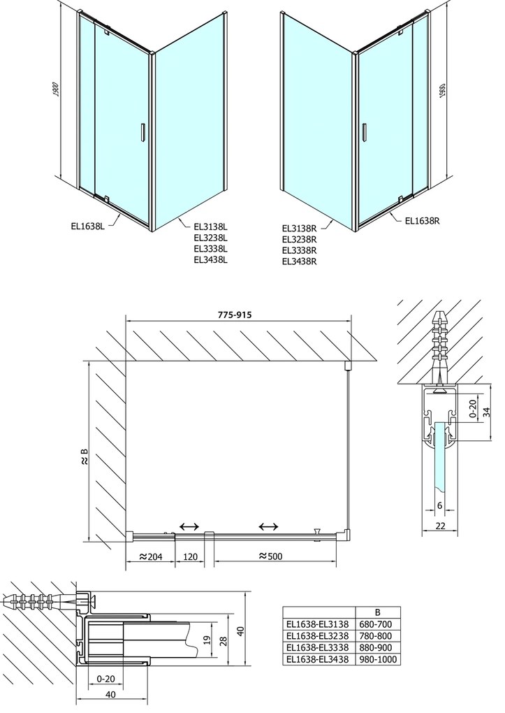 Polysan Polysan, Easy Line obdĺžniková/štvorcová sprchová zástena pivot dvere 800-900x900mm, L/P, sklo Brick, EL1638EL3338