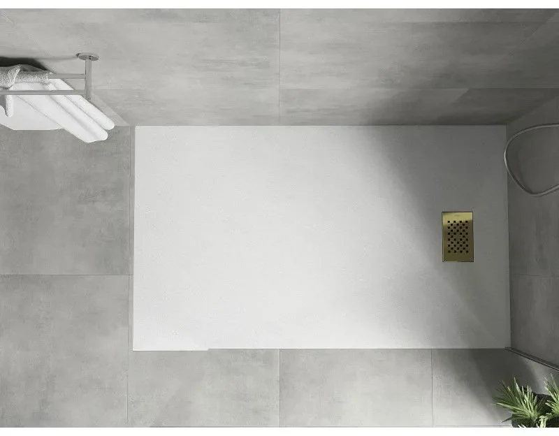 Mexen Hugo, obdĺžniková sprchová vanička SMC 160 x 80 cm, biela, zlatá krytka, 42108016-G