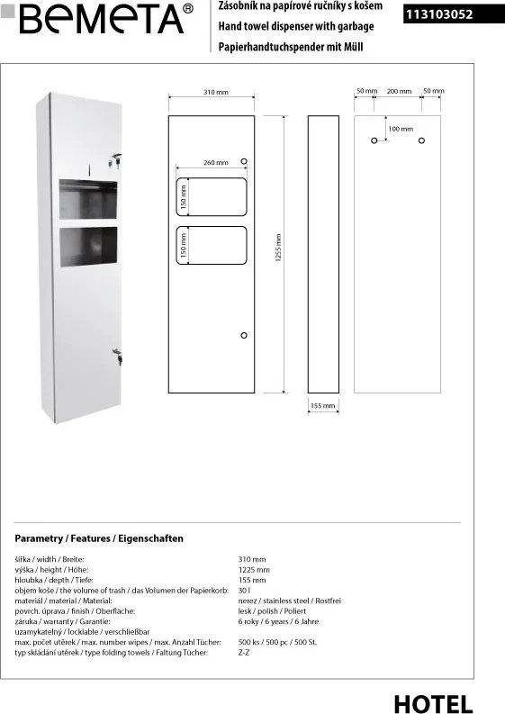 Bemeta Design Zásobník papierových utierok, s odpadkovým košom, nerez, lesk - 113103052