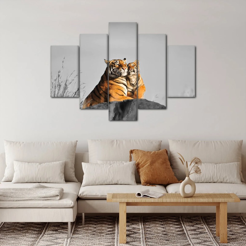 Obraz - Tigrice a jej mláďa, čiernobiely variant (150x105 cm)