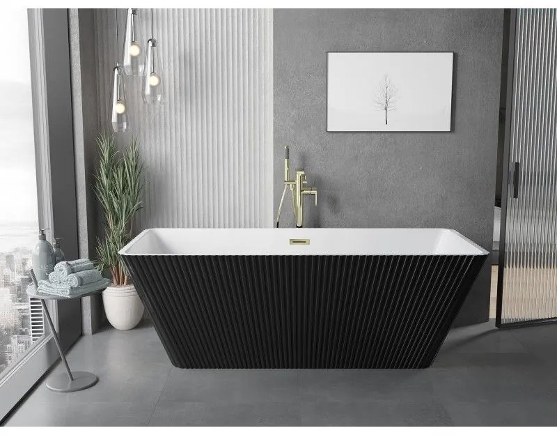 Mexen Tava, voľne stojaca ryhovaná vaňa 170 x 75 cm, biela-čierna, zlatý lesklý prepad, 52851707575-50