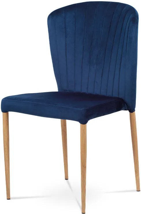 jedálenská stolička,modrá zamatová látka, kov. podnož, 3D dekor dub
