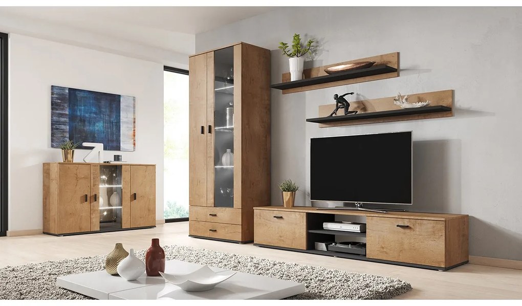 Obývacia stena Boho IX, Osvetlenie: osvetlenie LED RGB - farebné, Farby: kašmír / kašmír + čierna