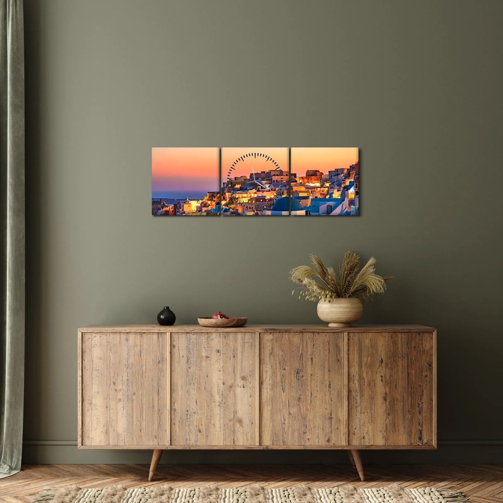 Obraz - Santorini pri zotmení (s hodinami) (90x30 cm)
