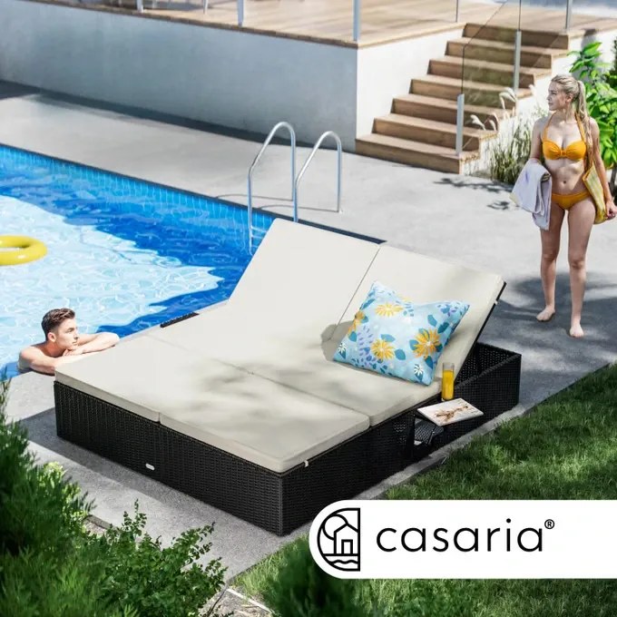 InternetovaZahrada Záhradná ratanová posteľ 200x160 cm čierna - krémové podušky