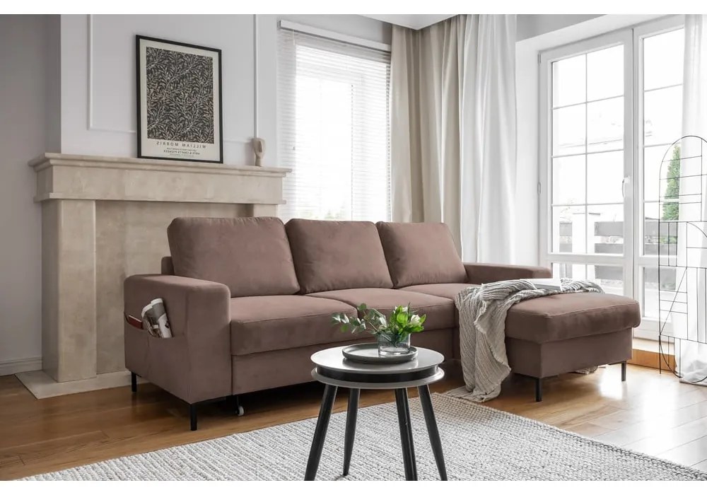 Hnedá menčestrová rozkladacia rohová pohovka (pravý roh) Lofty Lilly – Miuform