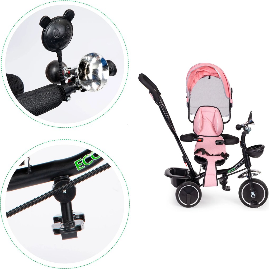 ECOTOYS detská trojkolka s otočným sedadlom 360°, odnímateľnou strieškou, ružová