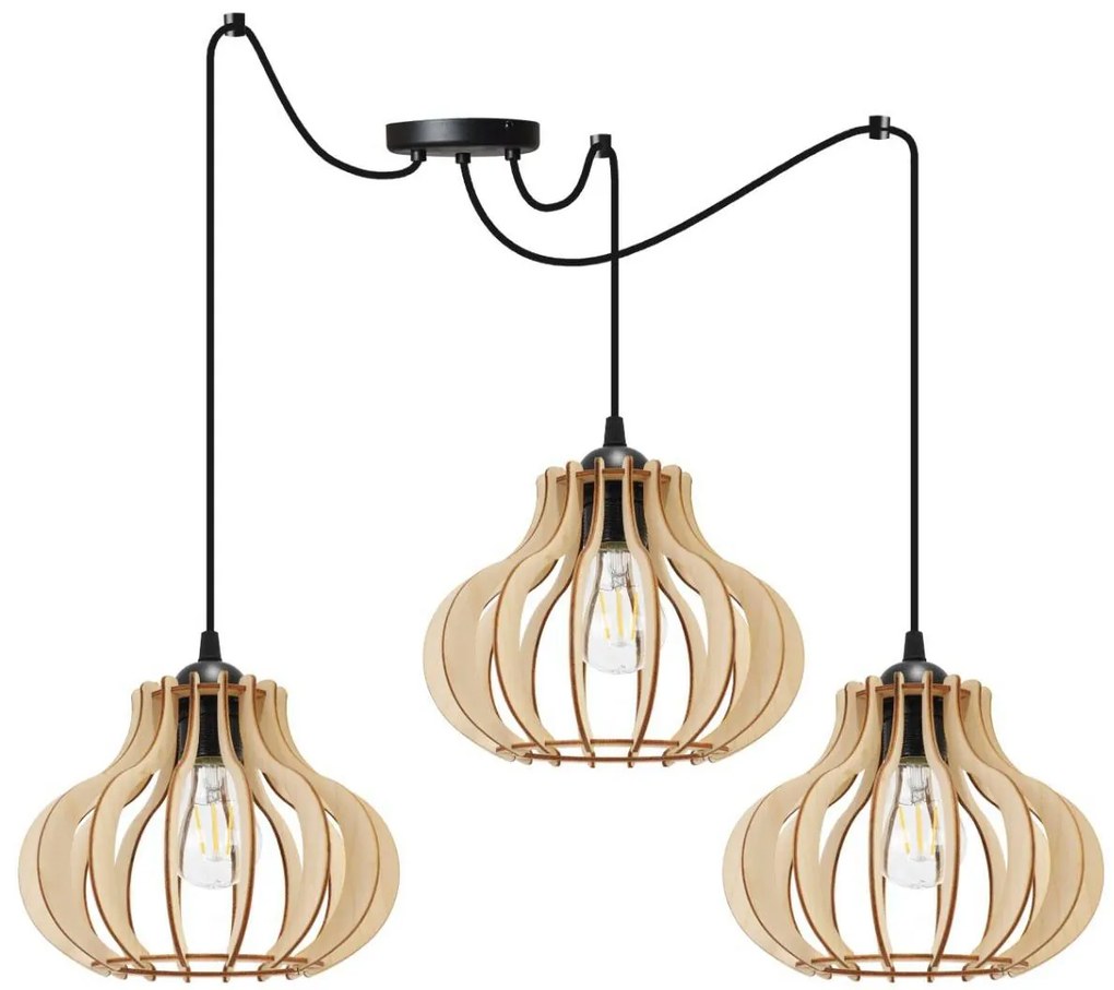 Závesné svietidlo Timber Spider 3, 3x drevené tienidlo