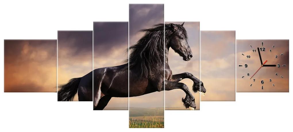 Gario Obraz s hodinami Silný čierny kôň - 7 dielny Rozmery: 210 x 100 cm