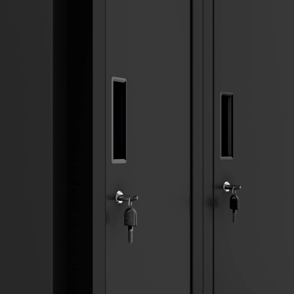 Kovová šatňová štvormodulová skriňa na sokli s policou KACPER II, 600 x 1800 x 500 mm, čierna