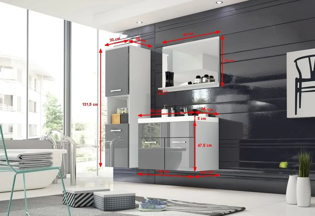 Kúpeľňová zostava MONTREAL s umývadlom, biela/biela lesk (MOB00005, MOB0030/10/60)