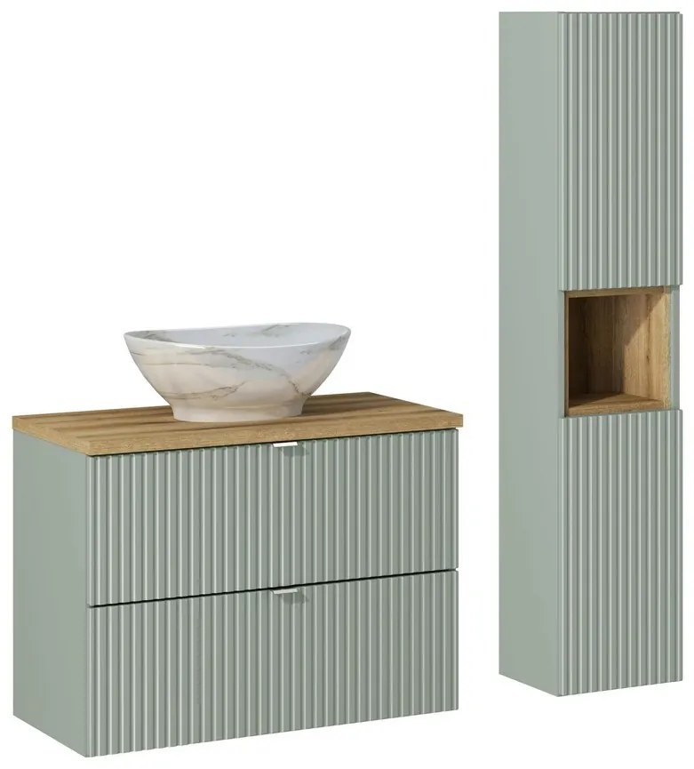 Kúpeľňová zostava Line Reed Green 80 cm so skrinkami a umývadlom zelená/dub evoke