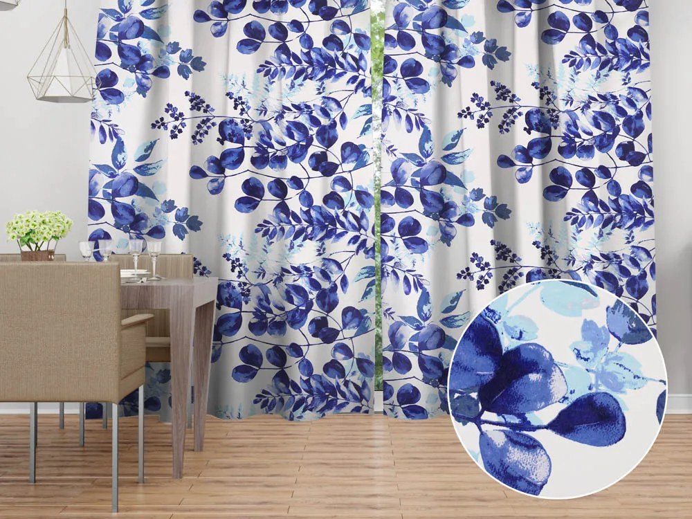 Biante Bavlnený záves Sandra SA-605 Modrý eukalyptus na bielom 150x220 cm