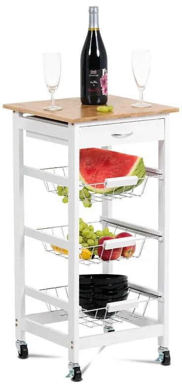 Servírovací stolík / regál, doska masív bambus, MDF, biely matný lak, pojazd - DR-043