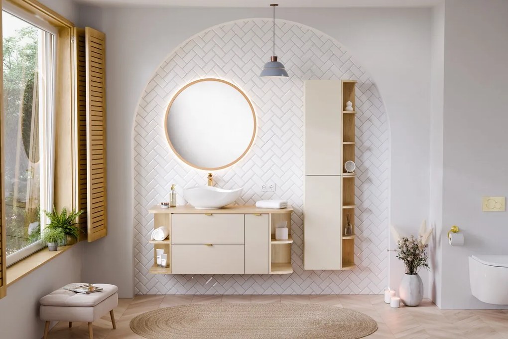 Závěsná skříňka pod umyvadlo Dalia Cashmere Ovalia s deskou 100 cm kašmírová/dub cremona