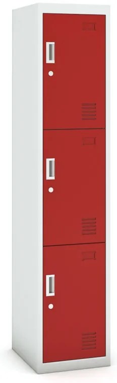 Šatníková skrinka S3 s úložnými boxami, 3 boxy, 1800 x 380 x 450 mm, demont, cylindrický zámok, sivá/červená