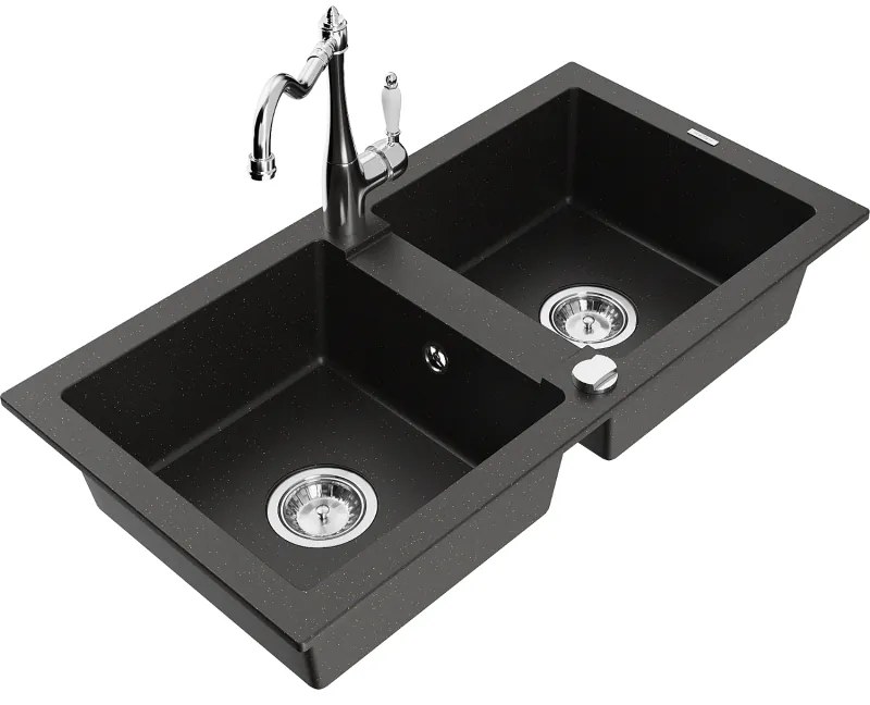Mexen Mario, granitový drez 820x436x161 mm, 2-komorový a drezová batéria Carla, čierna-zlatá metalíza, 6504-75-670700-00