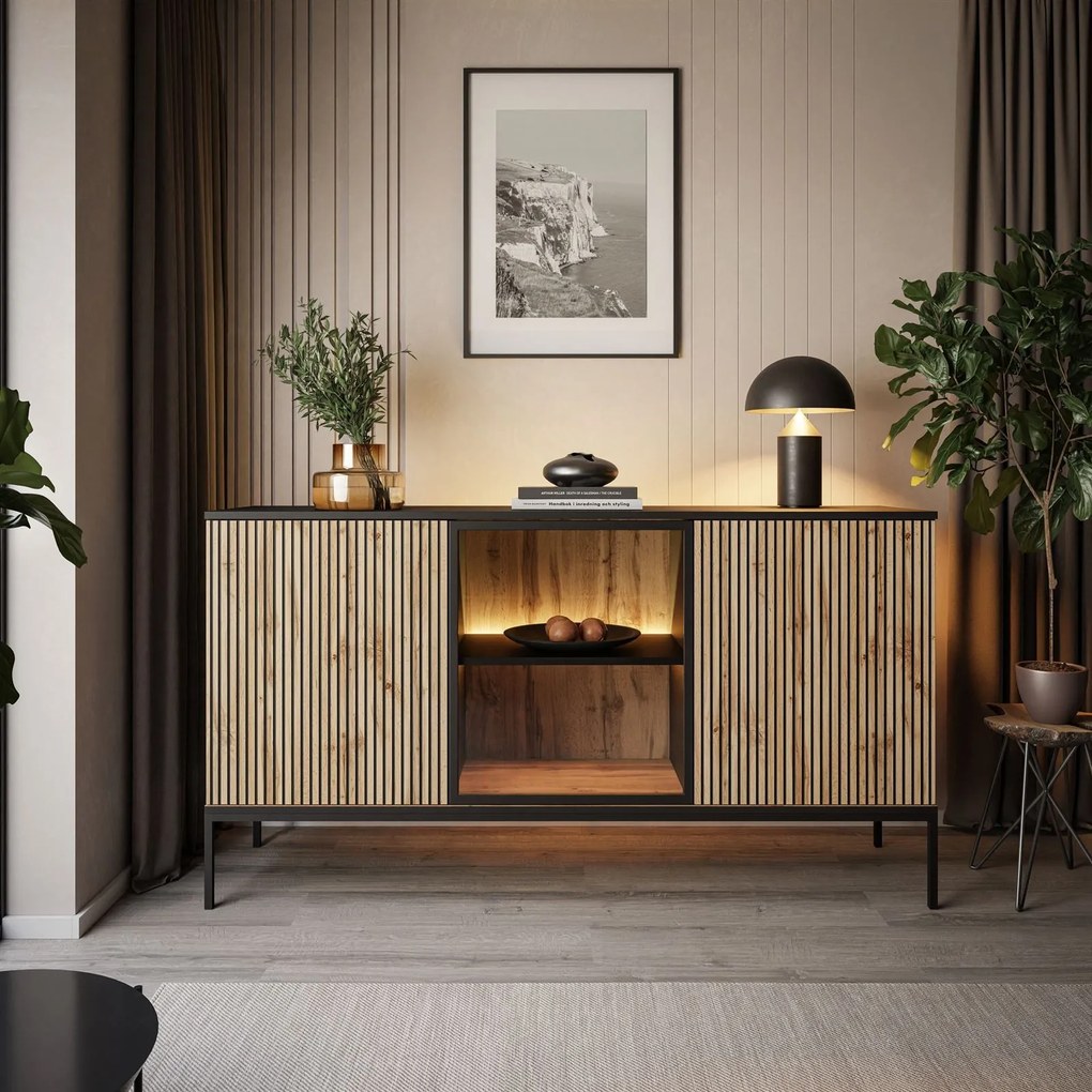 Komoda ADRIENNE s LED osvetlením + čierna matná + dub wotan 154cm