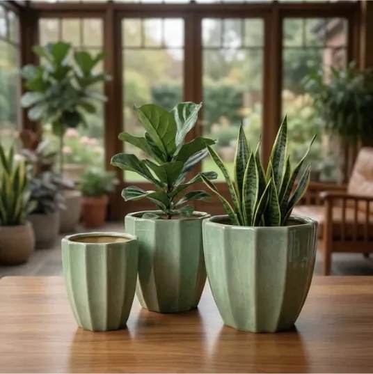 Sada 3 ks keramických květináčů NEVA XVII zelená