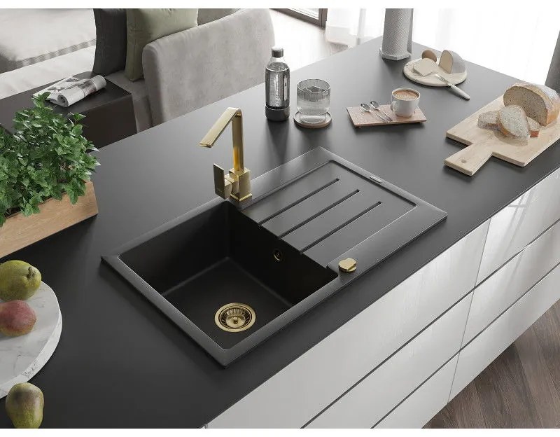 Mexen Bruno, drez granitový 795x495x200 mm, 1-komorový, čierna so zlatým sifónom a zlatá drezová batéria Rita, 6513-77-670300-50