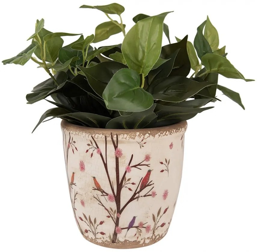 Béžový keramický obal na kvetináč s kvetmi a vtáčikmi L - Ø 16*16 cm