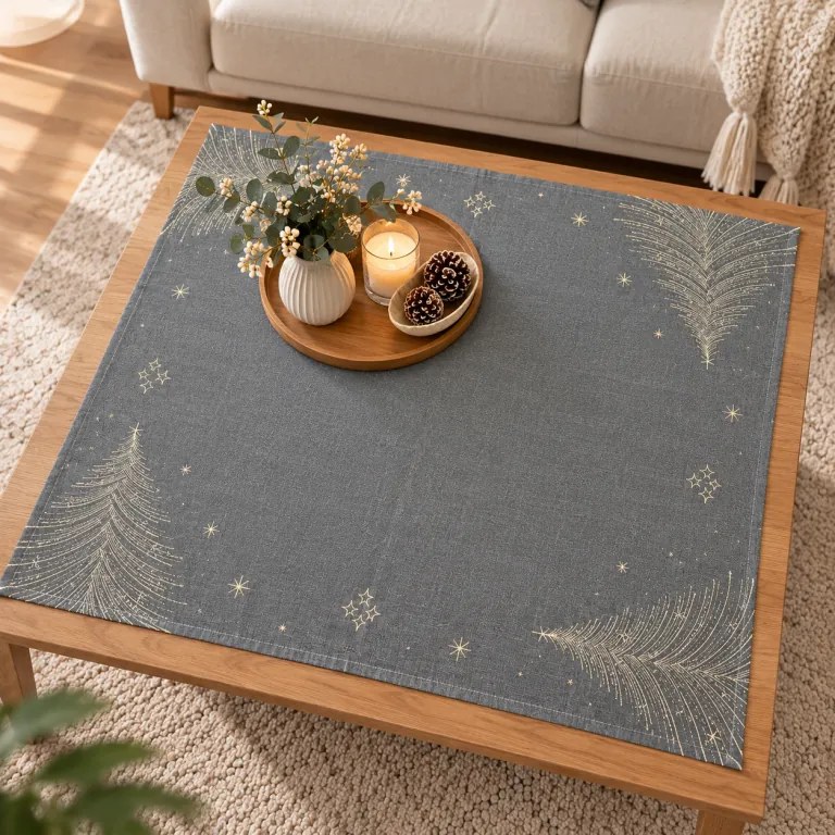 Vianočný vyšívaný obrus Stromček sivo-zlatý 85x85 cm TiaHome