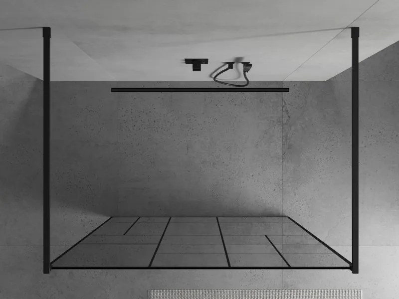 Mexen Kioto, priechodná sprchová zástena 100 x 200 cm, 8mm sklo číre/čierny vzor, 2x čierna stabilizačná rozpera, 800-100-002-70-78