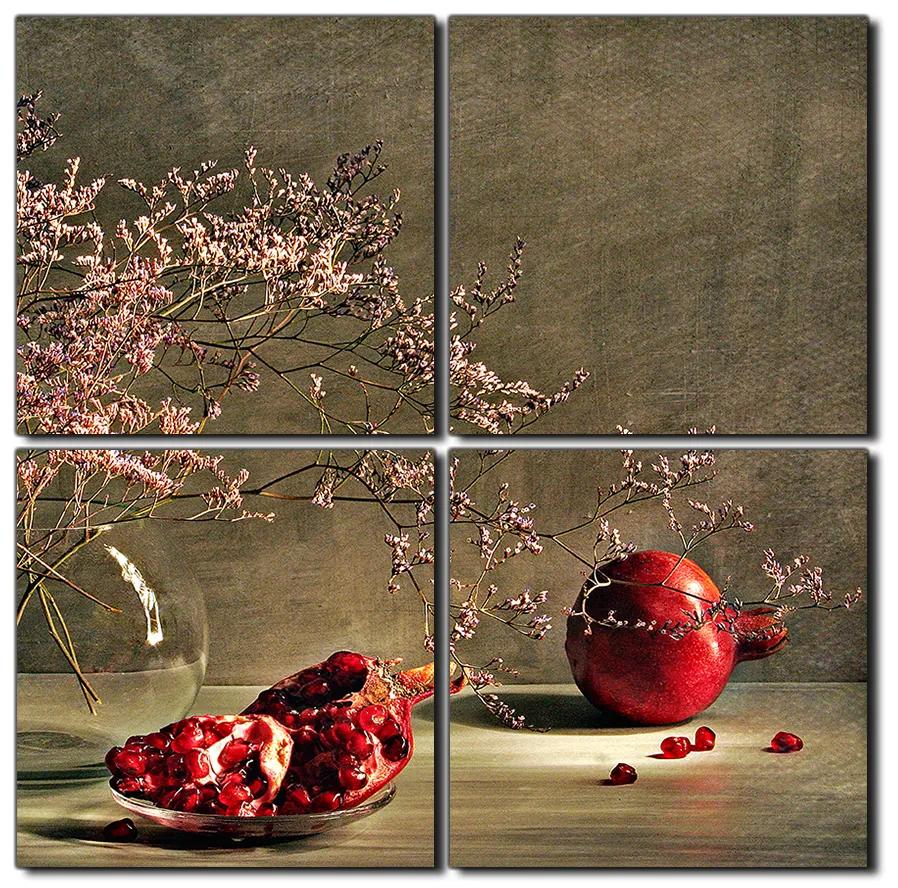Obraz na plátne - Zátišie - vetva a granátové jablko - štvorec 3274E (60x60 cm)