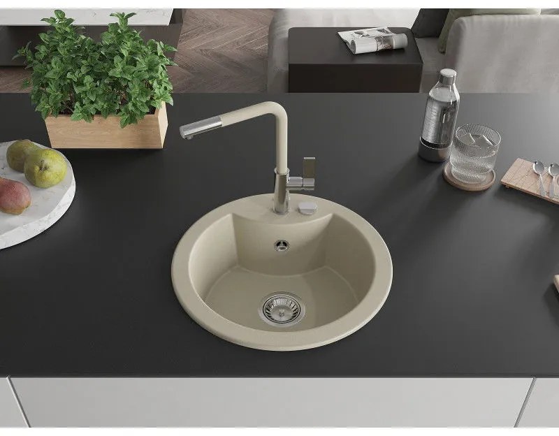 Mexen Diego, 1-komorový granitový drez 488x488x167 mm a drezová batéria Flora, béžová, 6512-69-670401-09