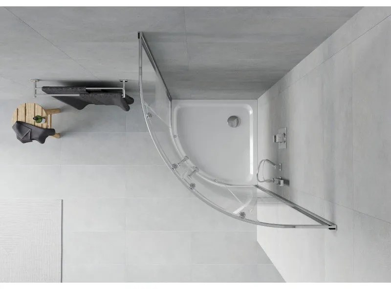 Mexen Rio, štvrťkruhový sprchovací kút s posuvnými dverami 90 x 90 cm, 6mm číre sklo-pásiky, chrómový profil + biela sprchová vanička, 863-090-090-01-20-4110