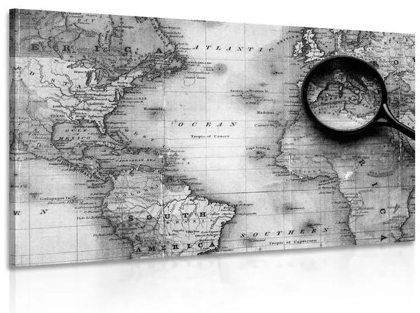 Obraz čiernobiela mapa sveta s lupou - 120x80