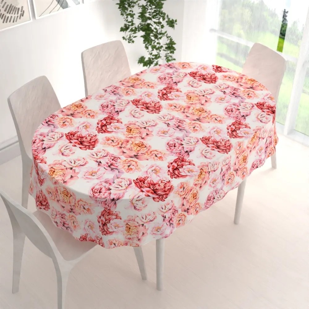 Biante Zamatový oválny obrus Tamara TMR-041 Ružovo-červené pivonky na bielom 80x120 cm