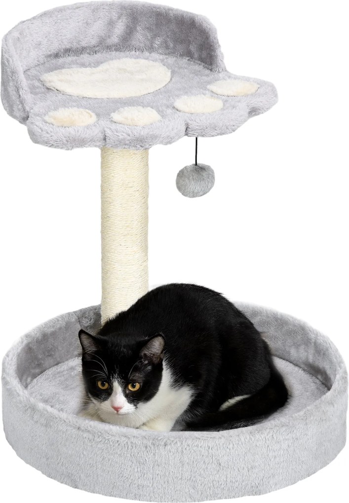 PawHut Mačací škrabací stĺp pre mačky do 5 kg s posteľami a loptou, Mačací gym s plyšovým poťahom a jutovým vláknom, 41x41x44 cm, Svetlo šedá | Aosom