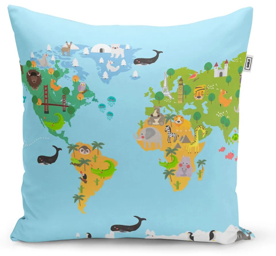 Sablio Vankúš Zvieracia mapa sveta - 60x60 cm